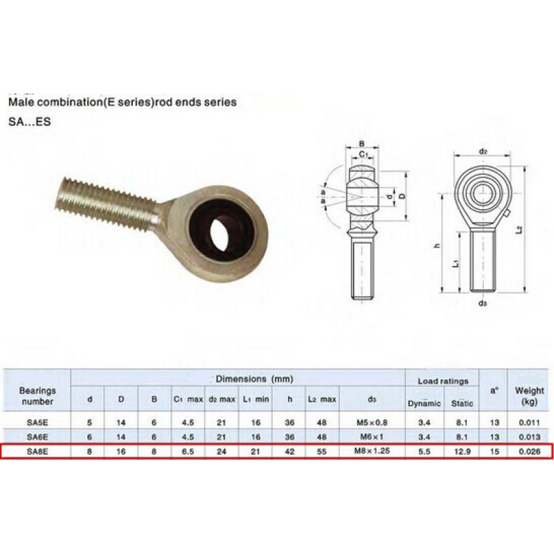 Go kart parts male thread rod end bearing SA8T/K SA8ES end bearing ball joint