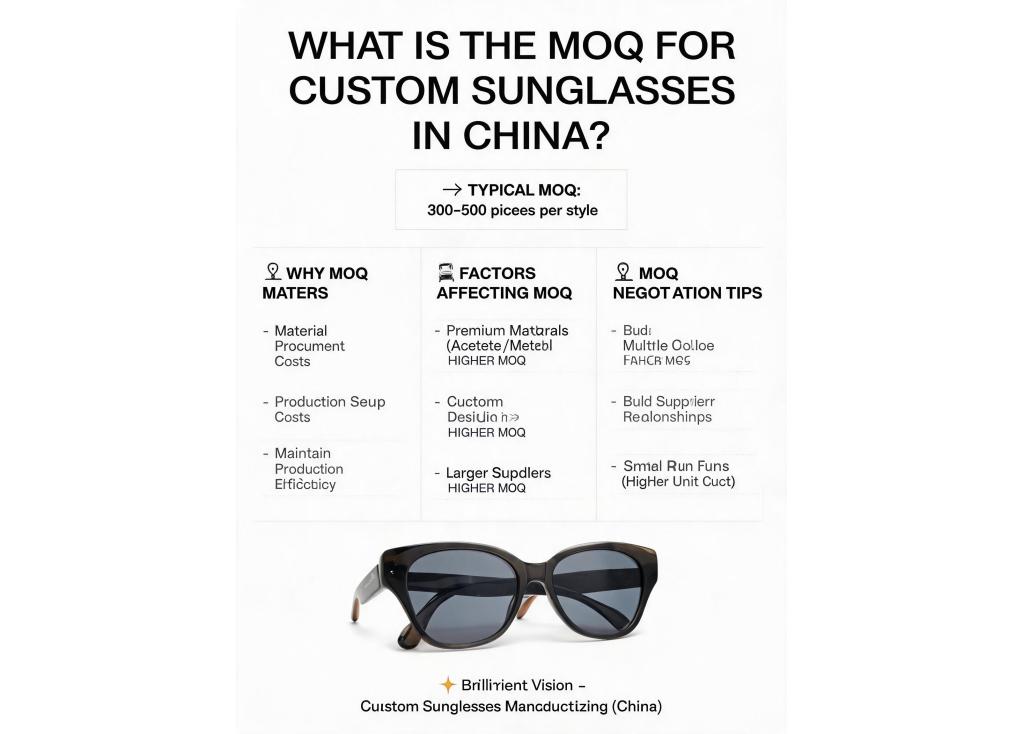 What is the minimum order quantity (MOQ) for custom sunglasses manufacturing in China?
