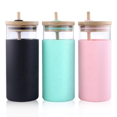 20oz BPA Free Glass Tumbler with Straw and Lid Tumbler With Straw Silicone Protective Sleeve and Bamboo Lid