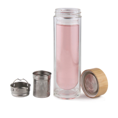 All-Beverage Tumbler 450 ml Natural Bamboo and Tempered Glass Travel Bottle Hot and Cold Tea Infuser Fruit infused tumble