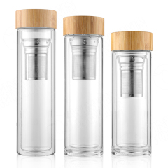 Double Wall Glass Water Bottles Bamboo Tea Tumbler With Infuser 14OZ With Bamboo Lid
