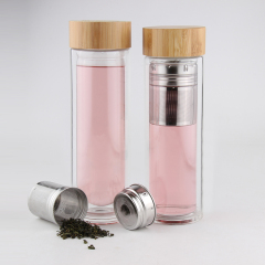 All-Beverage Tumbler 450 ml Natural Bamboo and Tempered Glass Travel Bottle Hot and Cold Tea Infuser Fruit infused tumble
