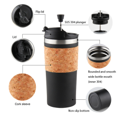 Eco-friendly Cork Sleeve Stainless Steel 304 Insulated Coffee Mug With Lid Vacuum Stemless Steel French Press Travel Mug