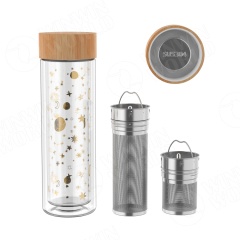 Borosilicate Frosted Double Glass Water Bottle Plastic and Bamboo Glass Tumbler Tea Infusers