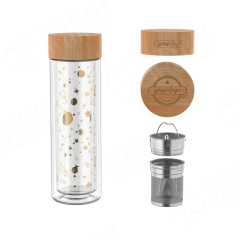 Borosilicate Frosted Double Glass Water Bottle Plastic and Bamboo Glass Tumbler Tea Infusers
