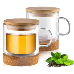 Glass Mug Tea Cup Double Wall Heatproof Insulated Glass with Bamboo Cups & Saucers High Borosilicate Glass Customize Cups
