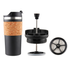 Eco-friendly Cork Sleeve Stainless Steel 304 Insulated Coffee Mug With Lid Vacuum Stemless Steel French Press Travel Mug