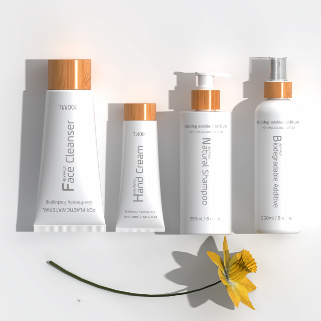 Botella cosmética de plástico PET PCR y tubo con cierres de bambú