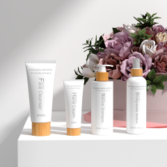 Пластиковая косметическая бутылка и тюбик для ПЦР-ПЭТ с бамбуковыми крышками