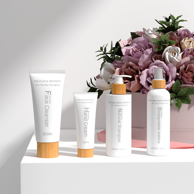Botella cosmética de plástico PET PCR y tubo con cierres de bambú