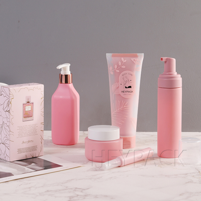 Pink solid plastic bottle tube jar series for skincare cream packaging 
