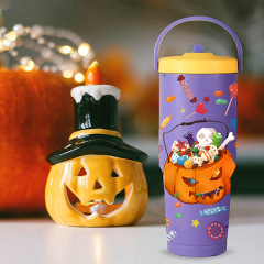 30oz Halloween Vacuum Insulated Sublimation Beer Cup Stainless Steel Water Tumblers with Handle Straw Leakproof Flip on-the-go