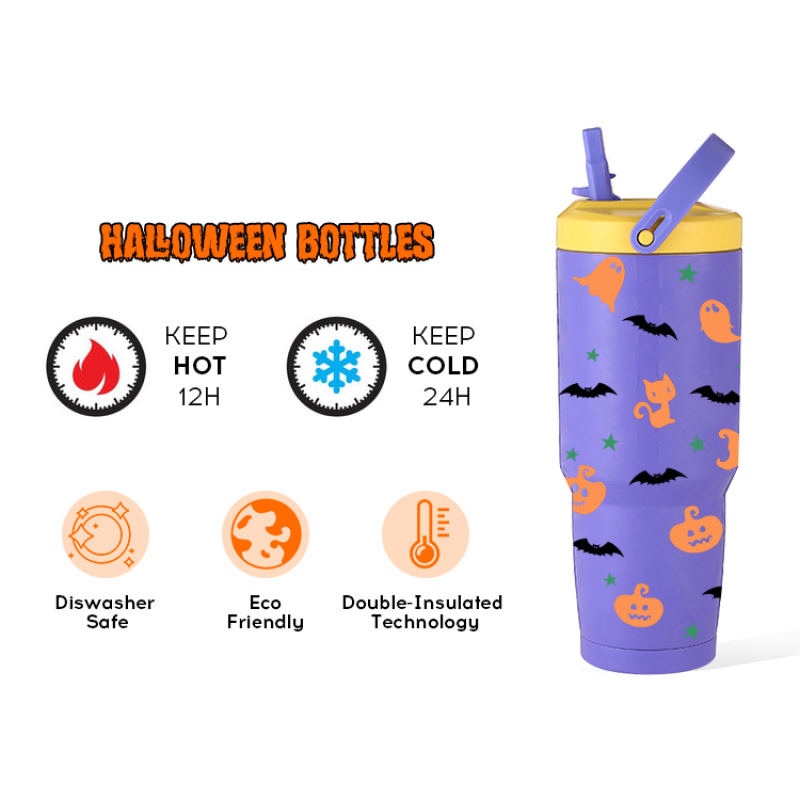 30oz Halloween Vacuum Insulated Sublimation Beer Cup Stainless Steel Water Tumblers with Handle Straw Leakproof Flip on-the-go