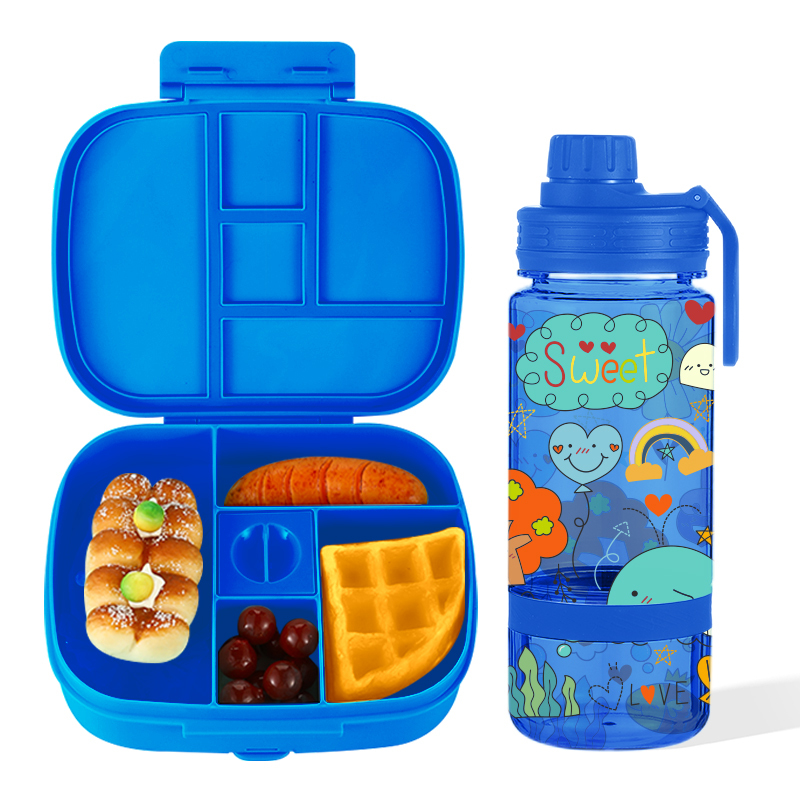 Portable Bento Box Food Container with Sauce Box School Kids Plastic Bento Lunch Box and Water Bottle Gift Set for Children