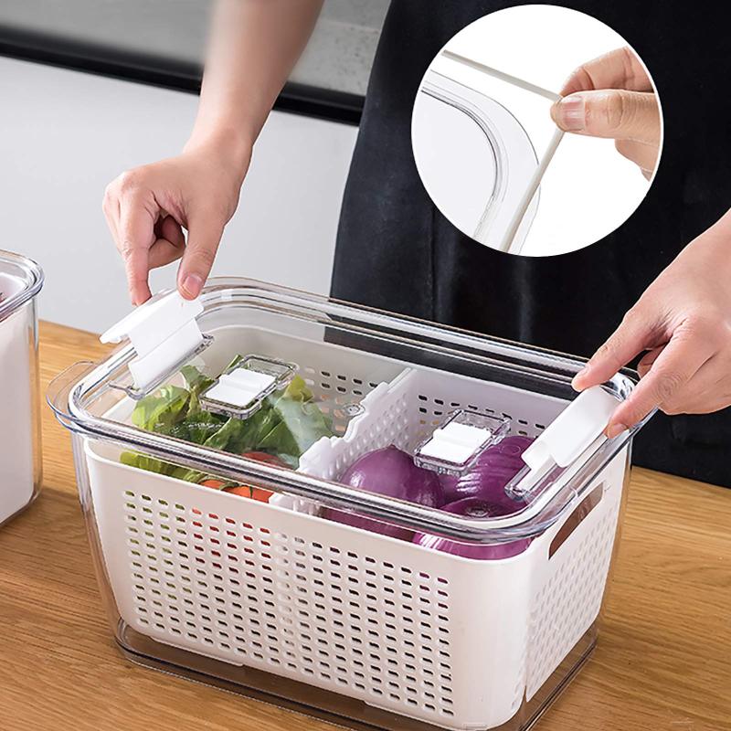 3 Pack Plastic White Produce Saver Container, Vegetable Fruit Storage Organizer Bins Fridge Container Box with Divider