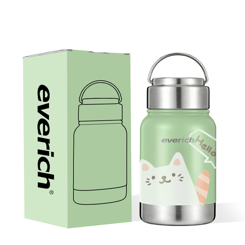 Portable Easy to Carry 50ml 12oz Wide Mouth Double Wall 304 Stainless Steel Water Bottle Vacuum Flask with Handle Lid
