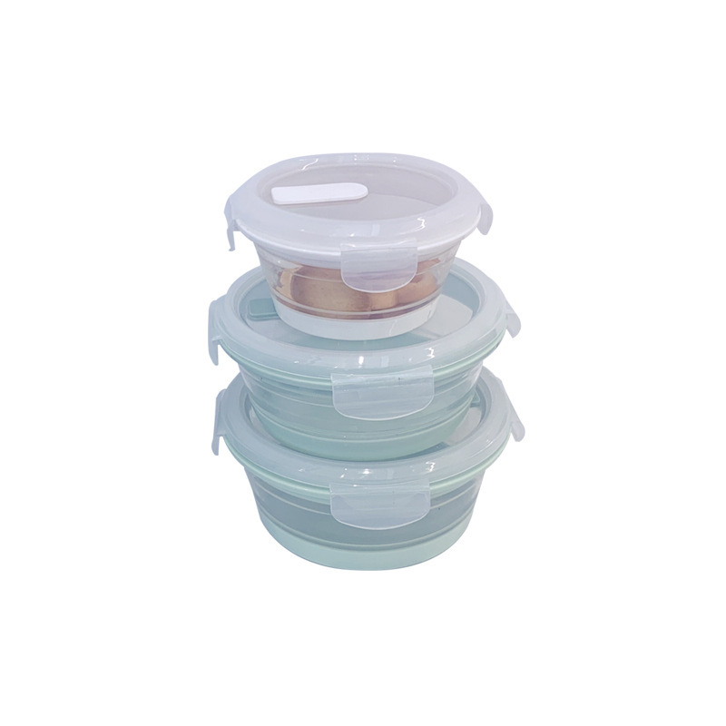 Kitchen Portable Pink Green Food Grade Three Pieces Silicone Foldable Round Soft Collapsible Silicone Food Storage Container Box