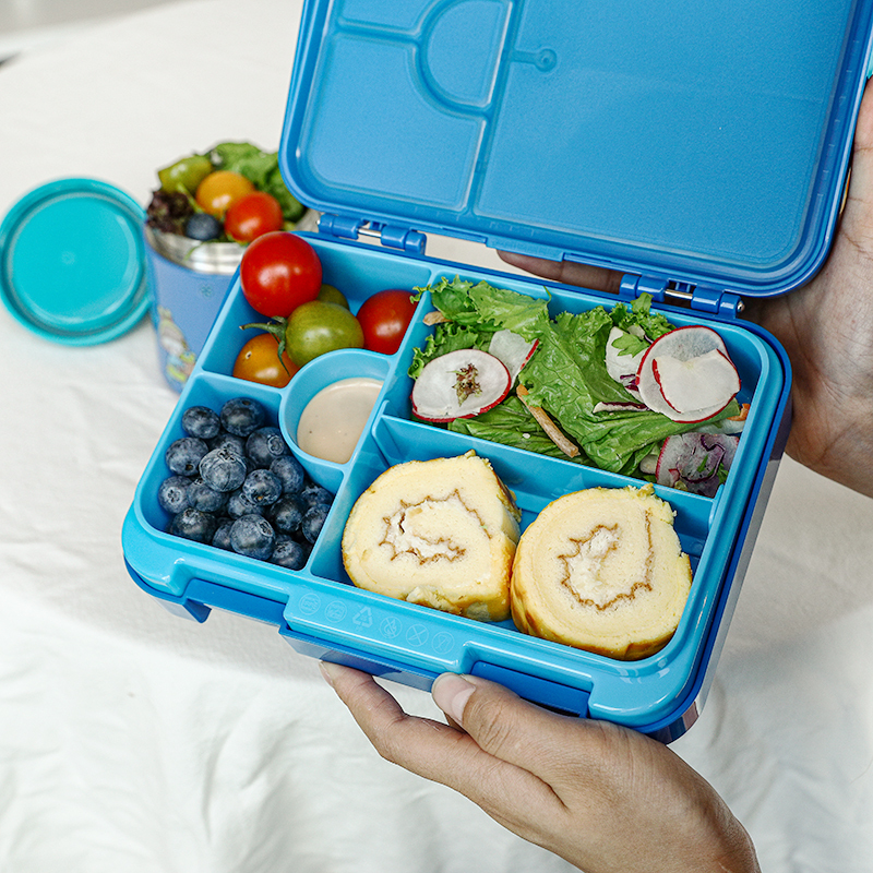 Blue Food-Safe Materials Microwave Dishwasher Safe Leak-Proof 5 Compartment Kids Lunch Bento Box