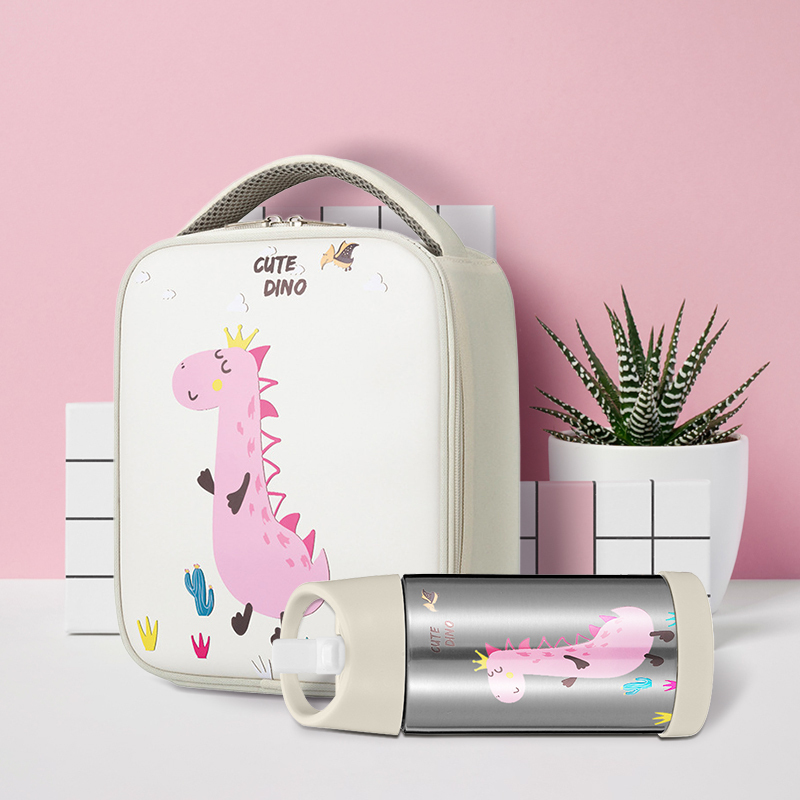 2021 fashion thermal insulated kids lunch bag and double wall stainless steel vacuum water bottle
