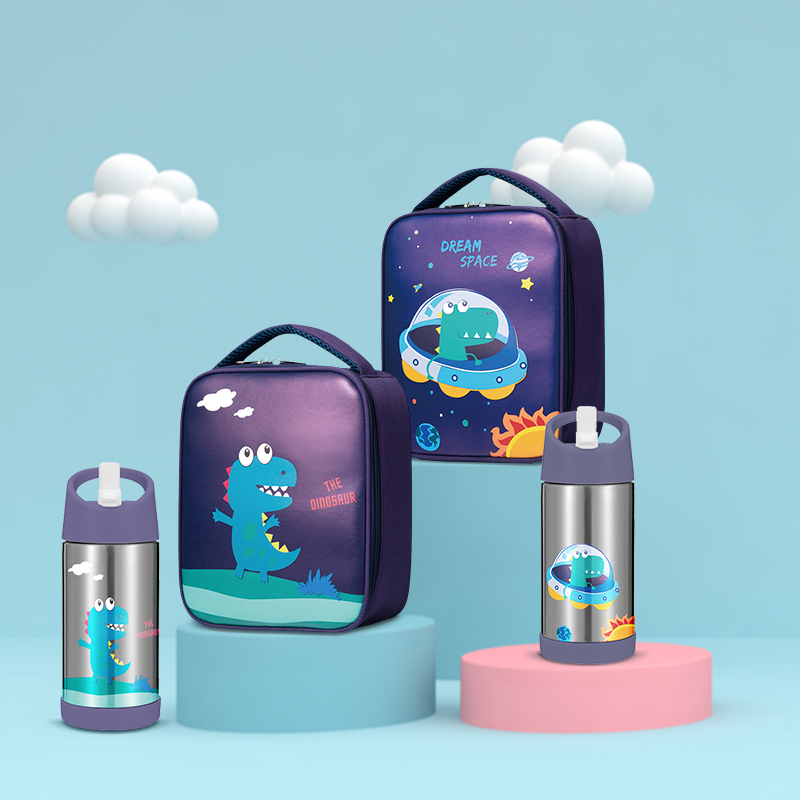 2021 fashion thermal insulated kids lunch bag and double wall stainless steel vacuum water bottle
