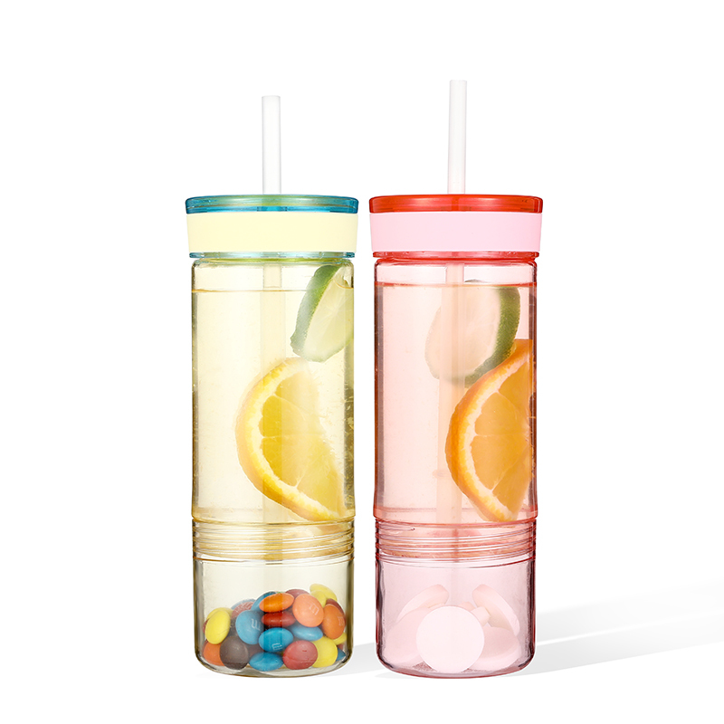 2 Compartments 16oz Double Wall Skinny Tumblers Clear AS Plastic Water Cup with Straw and Lid