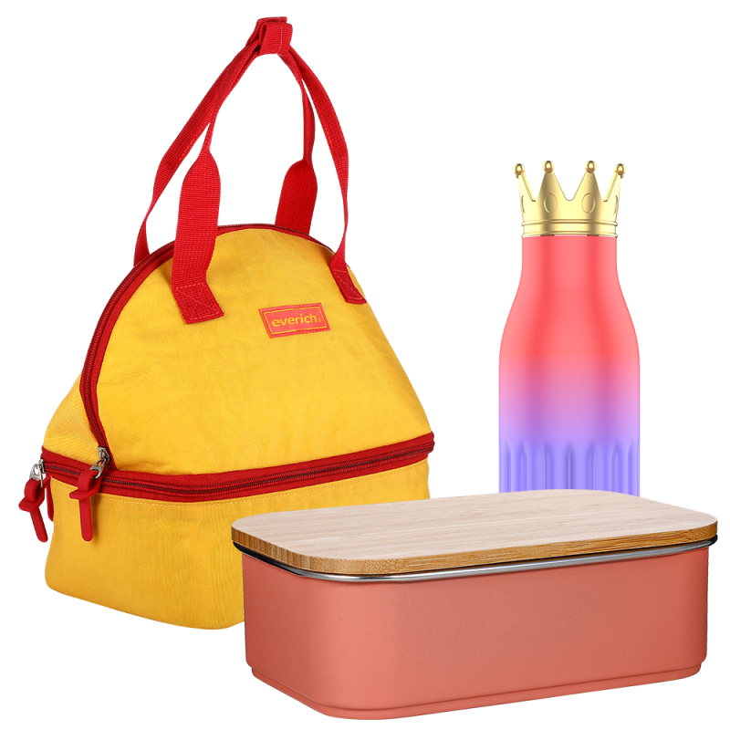 Everich Custom 3pcs sets Double Wall 304 Stainless Steel Vaccum Kids Water Bottles Food Bento Lunch Box with Bamboo Lid