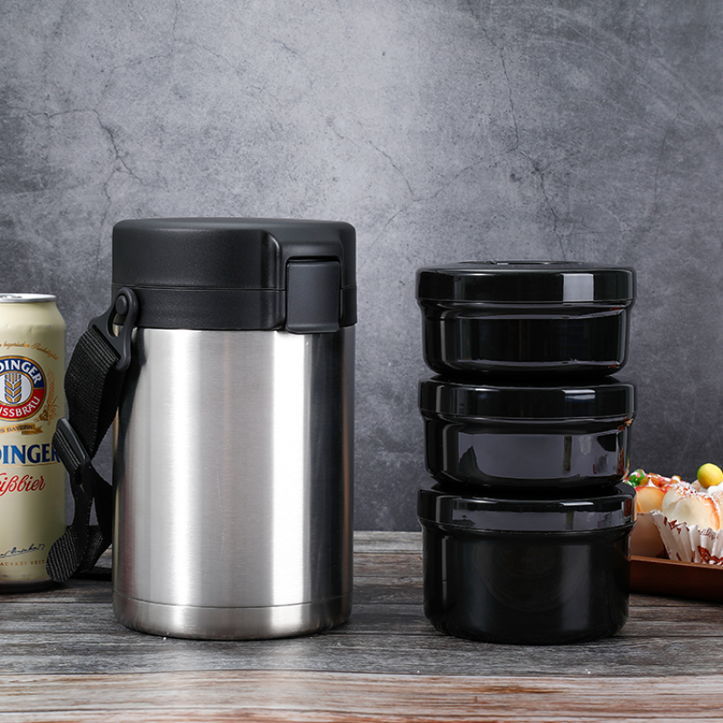 Stainless Steel Food Jar Containers Microwave Safe Leakproof Three Boxes Set  Plastic Stainless Steel Lunch Box With Strap
