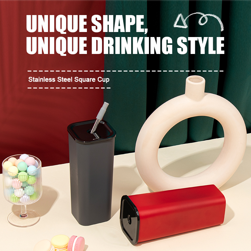 BPA Free Custom 18/8 Food Grade 304 Stainless Steel Square Design Thermos Tumbler Travel Coffee Mug Cup with Lid and Straw