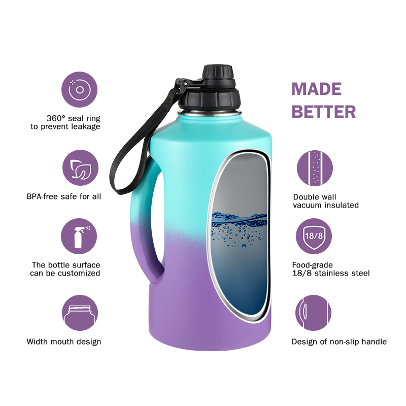 Colorful Powder Coated 2.2L Big Capacity Double Wall 304 Stainless Steel Insulated Water Bottle Beer Growlers with Lids Brush