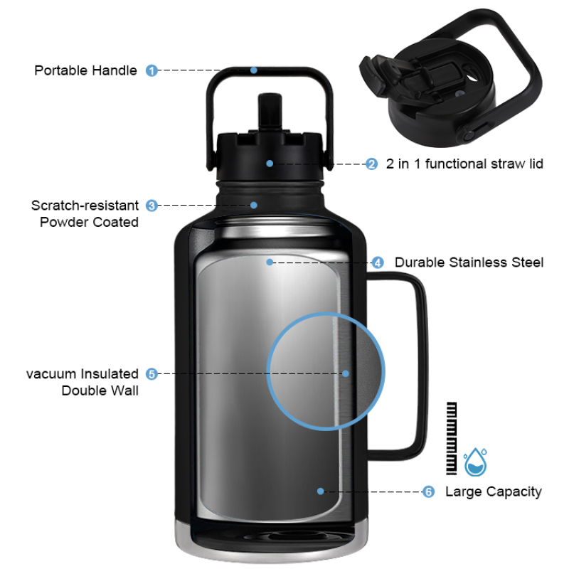 24 Hours Cold Custom Logo Print 304 Stainless Steel Classic Easy Pour Vacuum Insulated Beer Growler 64 OZ with Handle