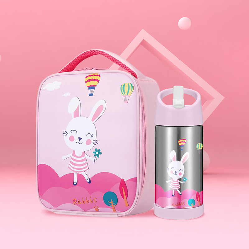 Custom kids insulated lunch bag and double wall stainless steel vacuum thermal insulated water bottle set