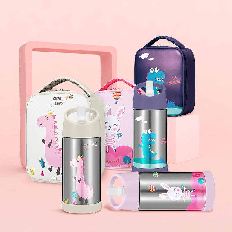 Custom kids insulated lunch bag and double wall stainless steel vacuum thermal insulated water bottle set