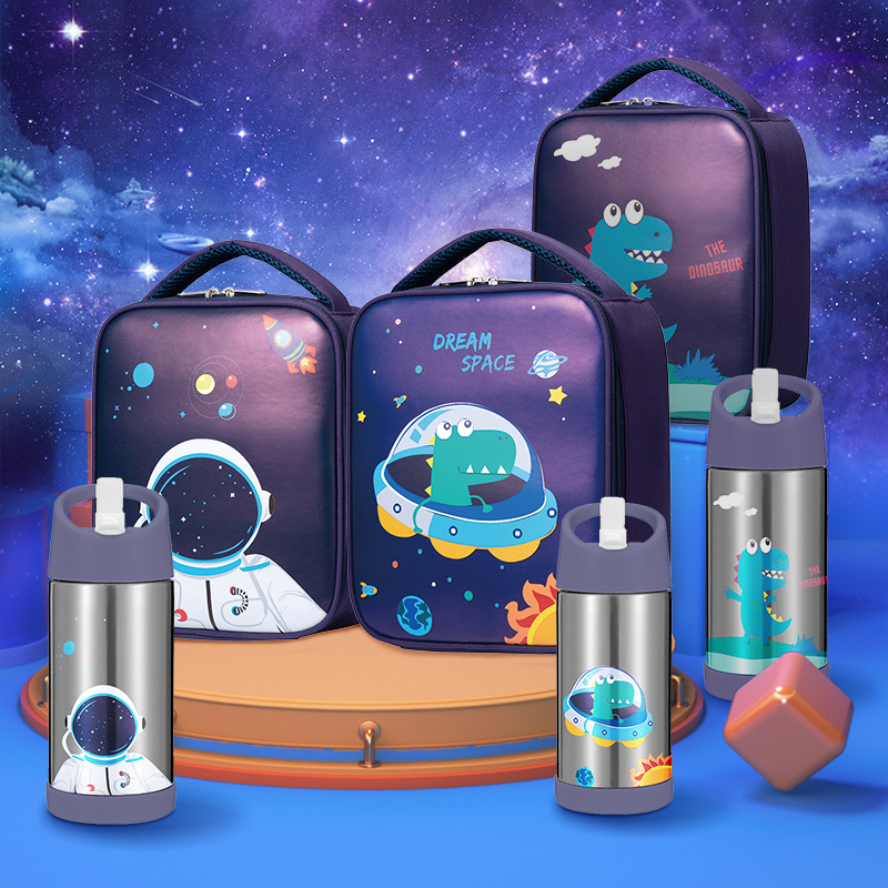 Custom kids insulated lunch bag and double wall stainless steel vacuum thermal insulated water bottle set