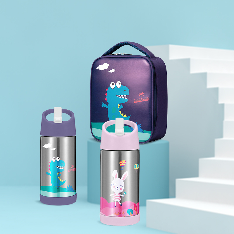 Custom kids insulated lunch bag and double wall stainless steel vacuum thermal insulated water bottle set