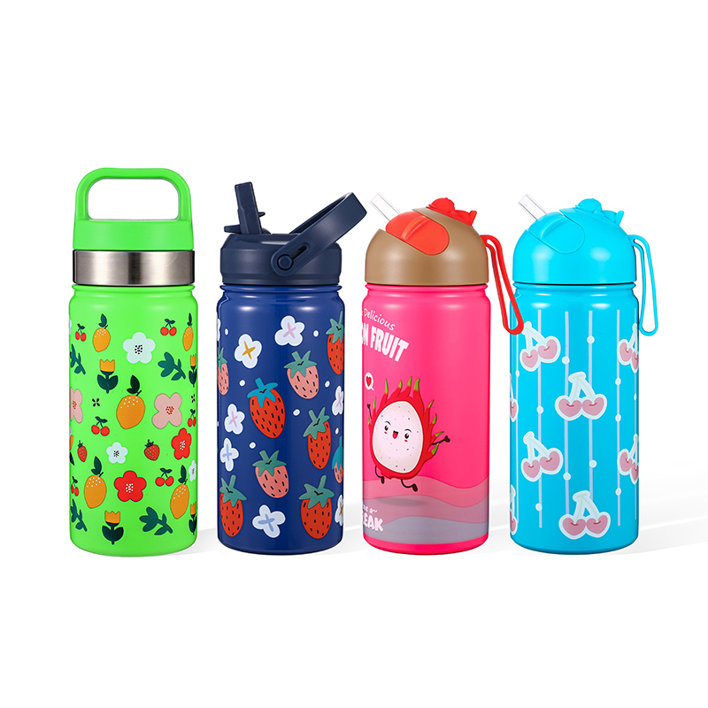 BPA  Free 12oz School Cute Pattern Stainless Steel Kids Water Bottle with Straw Lid Drinking Water Bottle for Children Kids