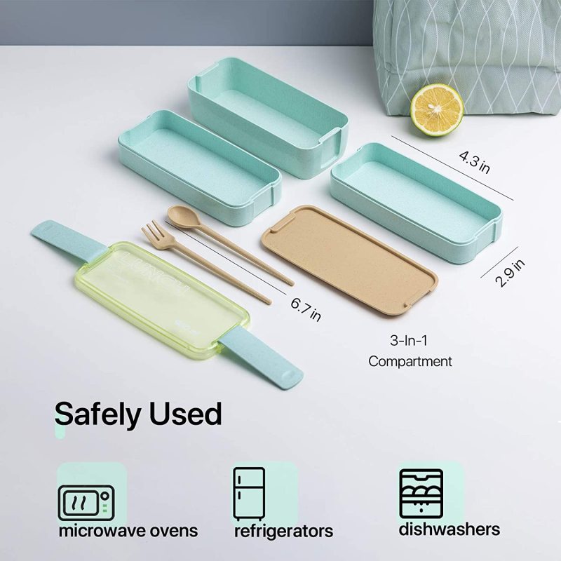 3-In-1 Compartment Leak-proof Bento Lunch Box  Meal Prep Containers with Utensils Bento Box Japanese Lunch Box Kit