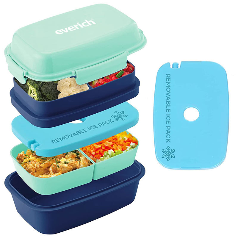 New Design Innovative Outdoor School Food Storage Container Plastic PP Double Layers Bento Lunch Box Set with Handle for Kids