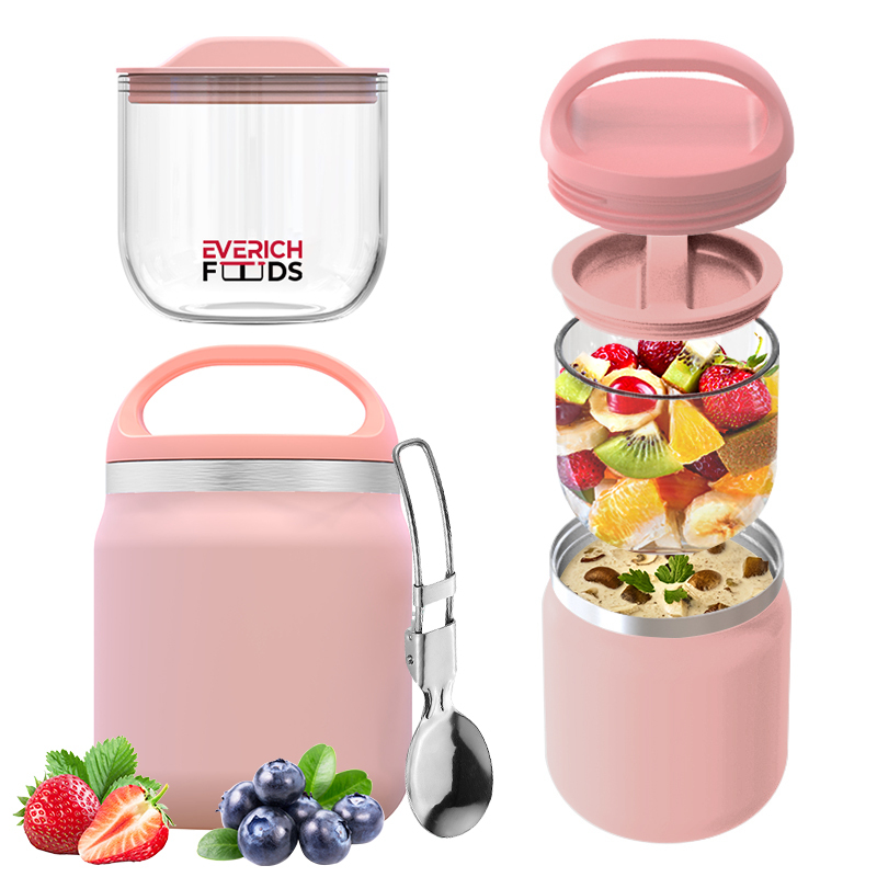 Portable 304 Stainless Steel Food Jar Heating Insulation Metal Lunch Box with Glass and Plastic Storage Box for Aldults and Kids