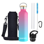 Custom logo gradient double wall stainless steel water bottle insulated with straw lid cleaning brush carry bag