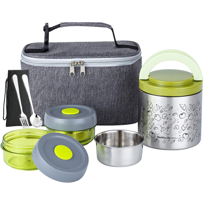 3 Extra Silicone Seals Thermal Stainless Steel Food Container Tiffin Box Kids Lunch Keep Warm with Bag