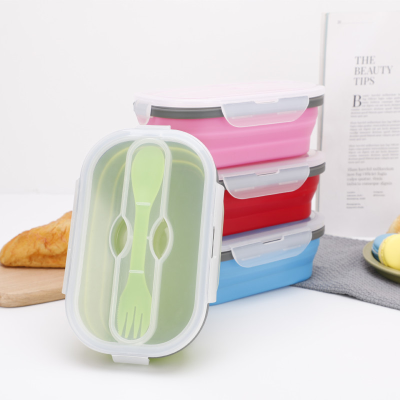 Multi Colors Easy Storage Stackable 800ML PP lunch containers Foldable Silicone Bento Box Sets with Spoon Fork for Kids