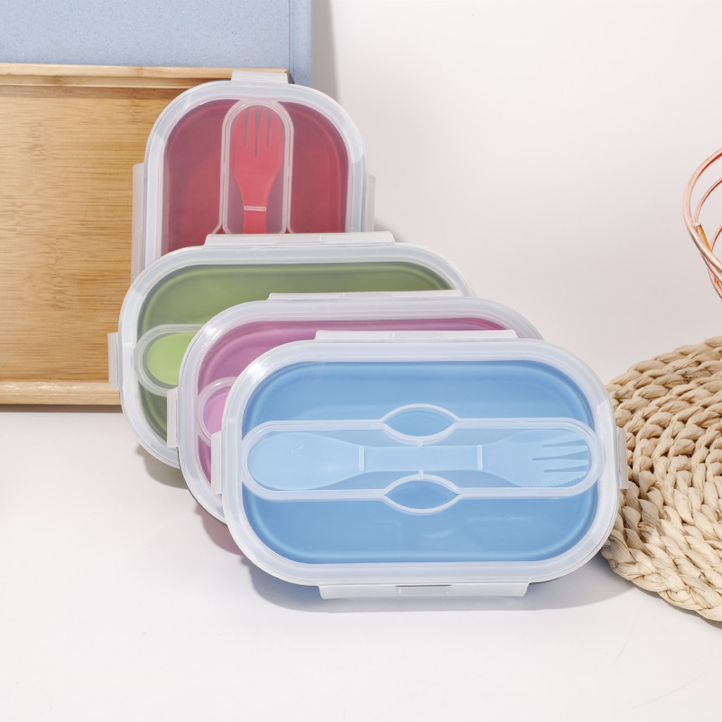 Multi Colors Easy Storage Stackable 800ML PP lunch containers Foldable Silicone Bento Box Sets with Spoon Fork for Kids