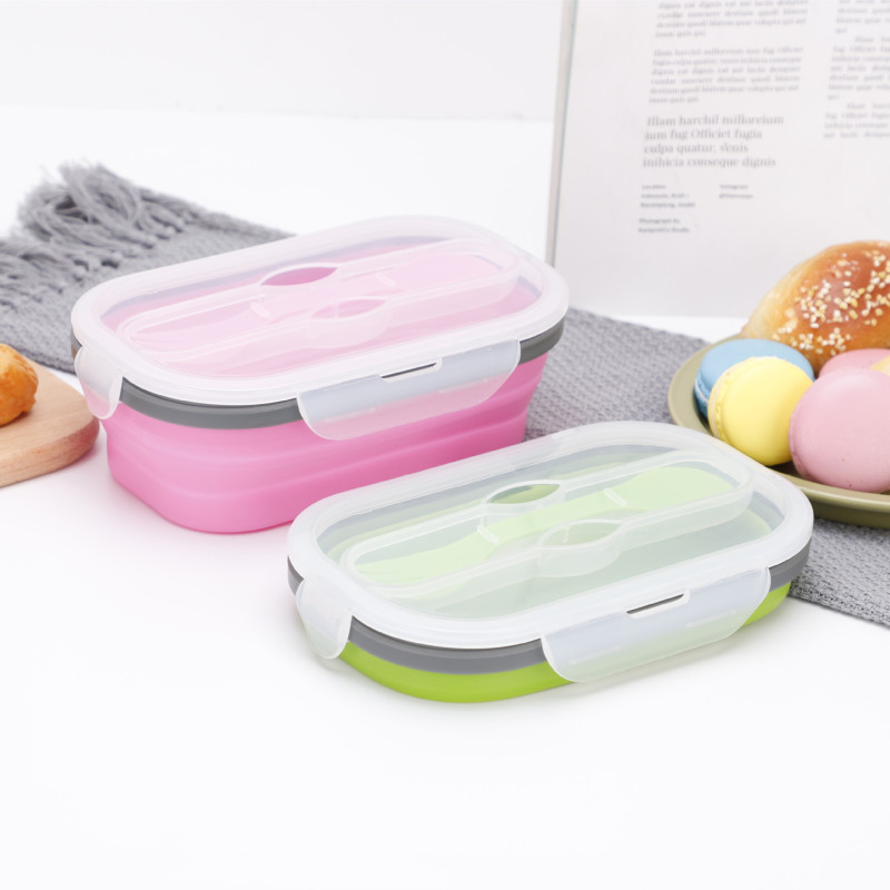 Multi Colors Easy Storage Stackable 800ML PP lunch containers Foldable Silicone Bento Box Sets with Spoon Fork for Kids
