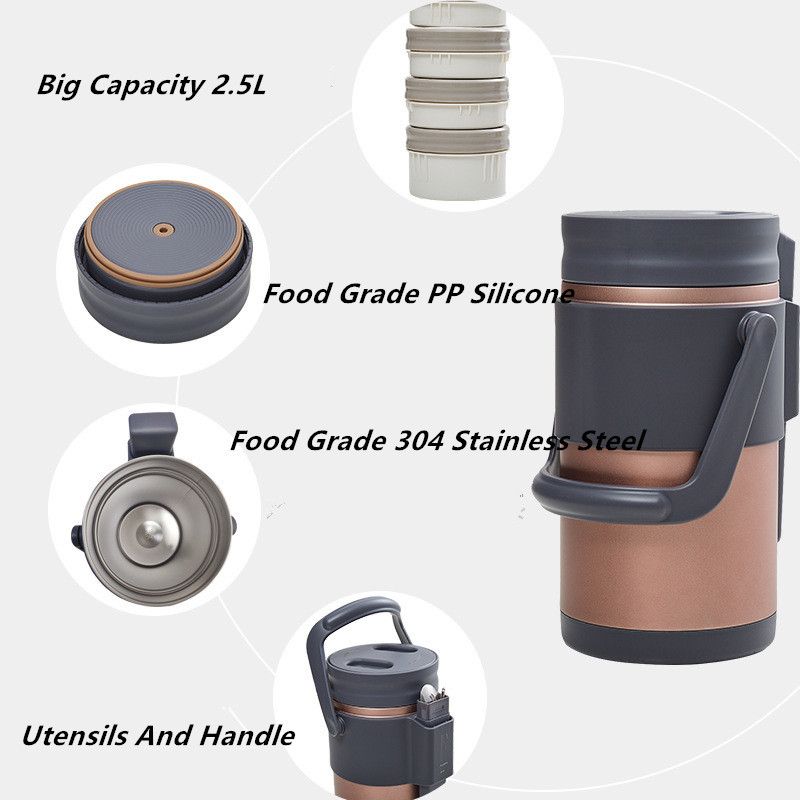 2.5L Stainless Steel Food Container LFGB BPA Vacuum Food Wide Mouth Jar Insulated Food Storage Lunch Box