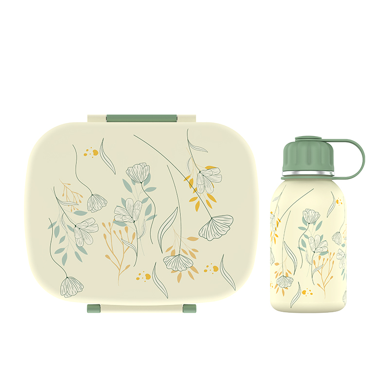 OEM Printing Square Tiffin BPA Free 900 ml Plastic Bento Lunch Box Set and 12 oz Stainless Steel 304 Water Bottle Set