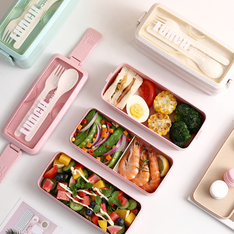 3-In-1 Wheat Straw Bento Lunch Box 2/3 layers foods Containers with Detachable Buckle