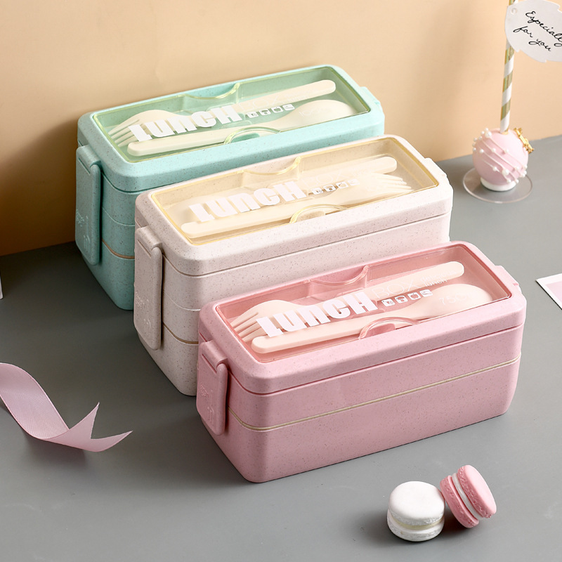 3-In-1 Wheat Straw Bento Lunch Box 2/3 layers foods Containers with Detachable Buckle