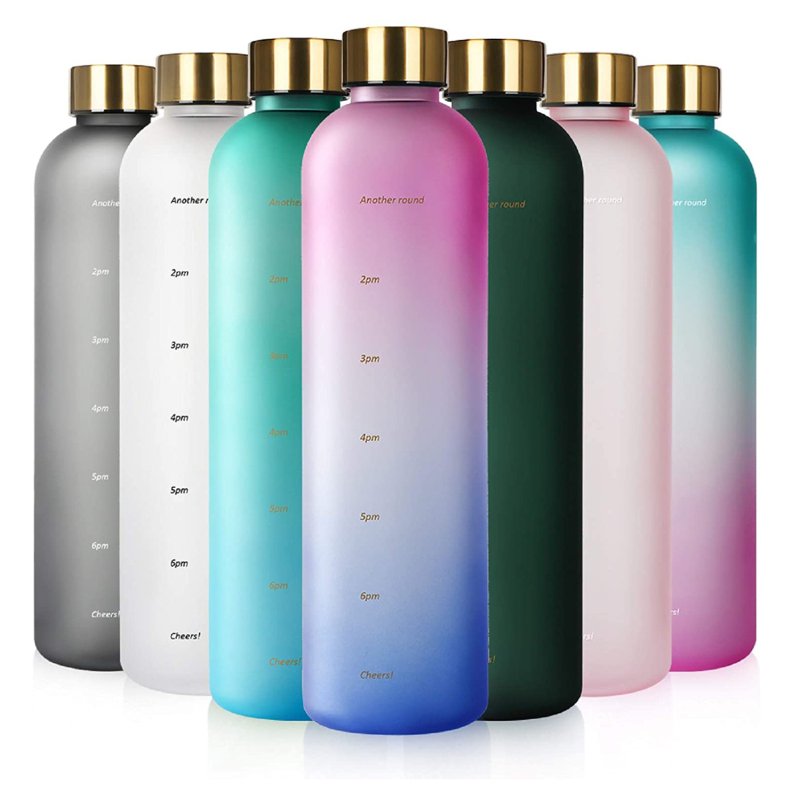 Everich 1000ML BPA Free Frosted Sports Plastic Drinking Water Bottle Eco Friendly Non-Toxic Tritan Water Bottle With Time Maker