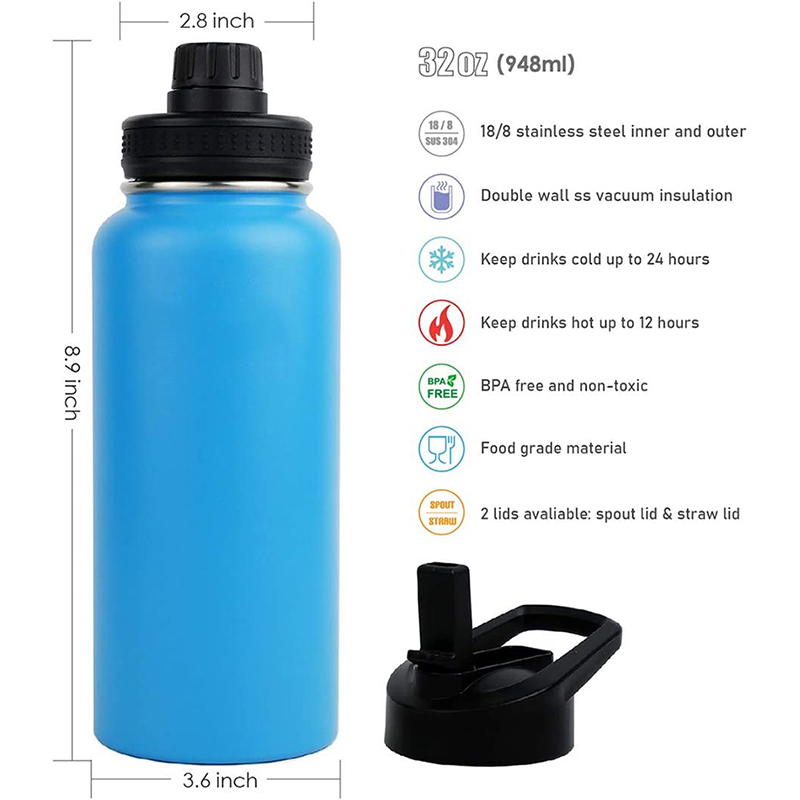 Water bottle with carry bag and cleaning insulated vacuum stainless steel metal bottle water with straw lid set