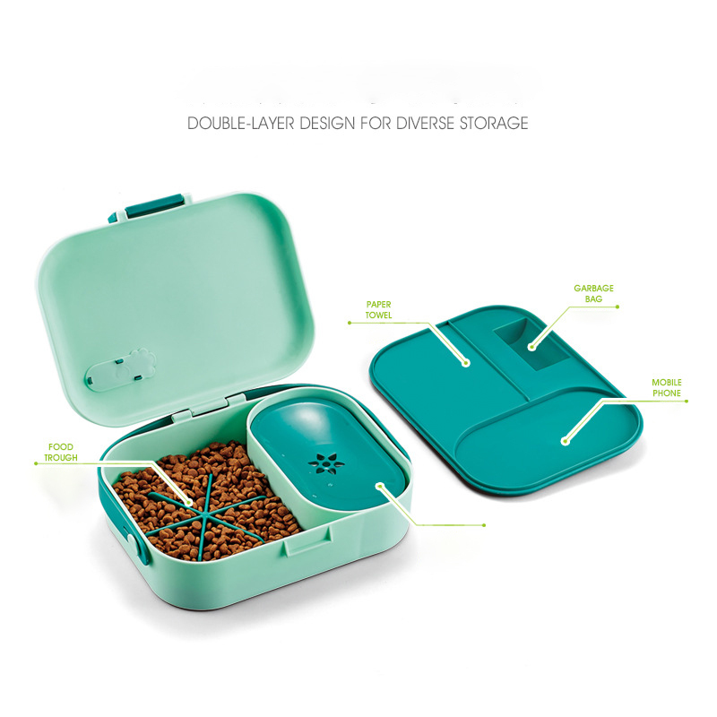 Portable Outdoor Rectangular Food Fruit Two Compartments Plastic PP Pet Dogs Cat Slow Food Feeding Bowl Carrying Case Containers